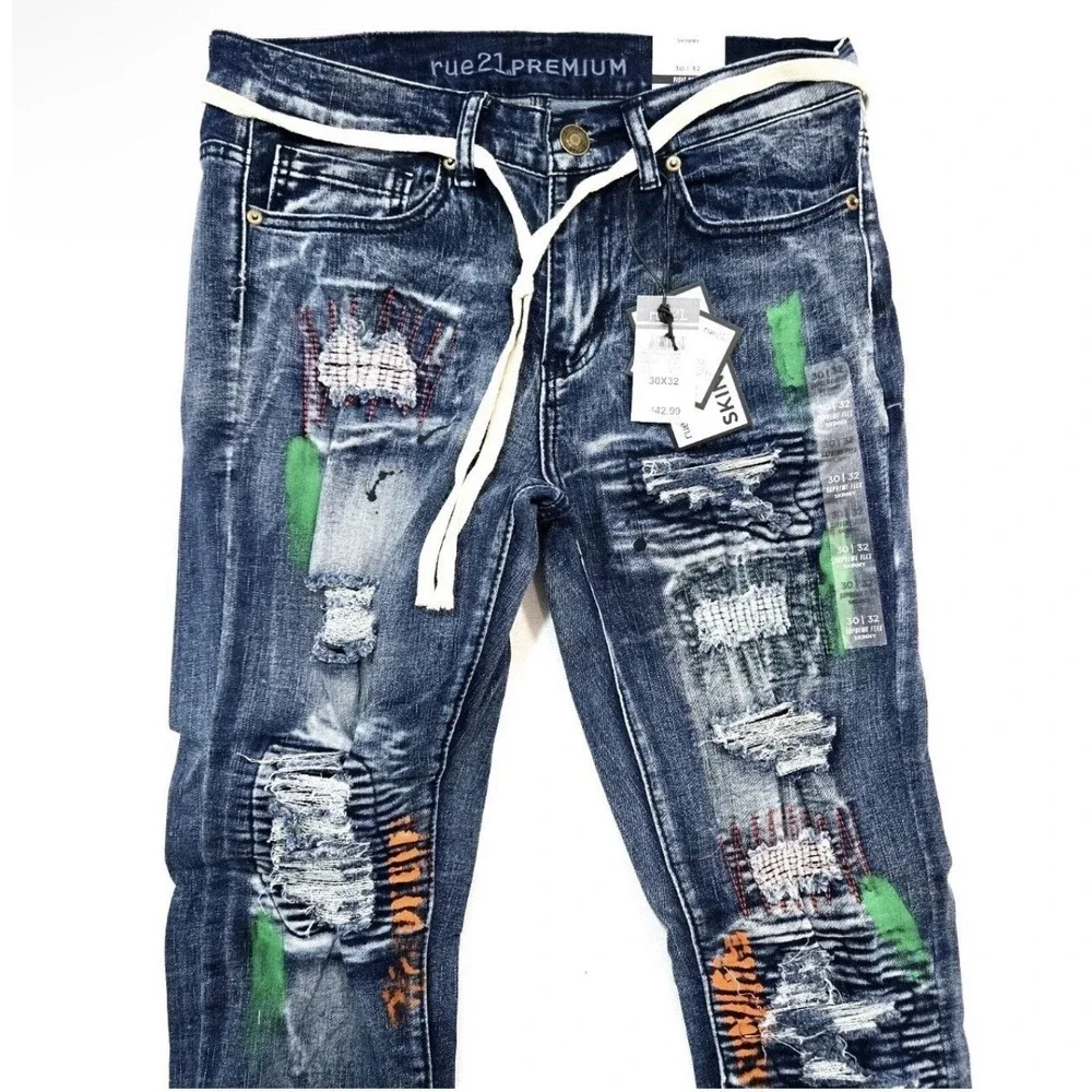 Rue21‎ Premium Men Skinny Fit Distressed Patchwork Jeans 32x30